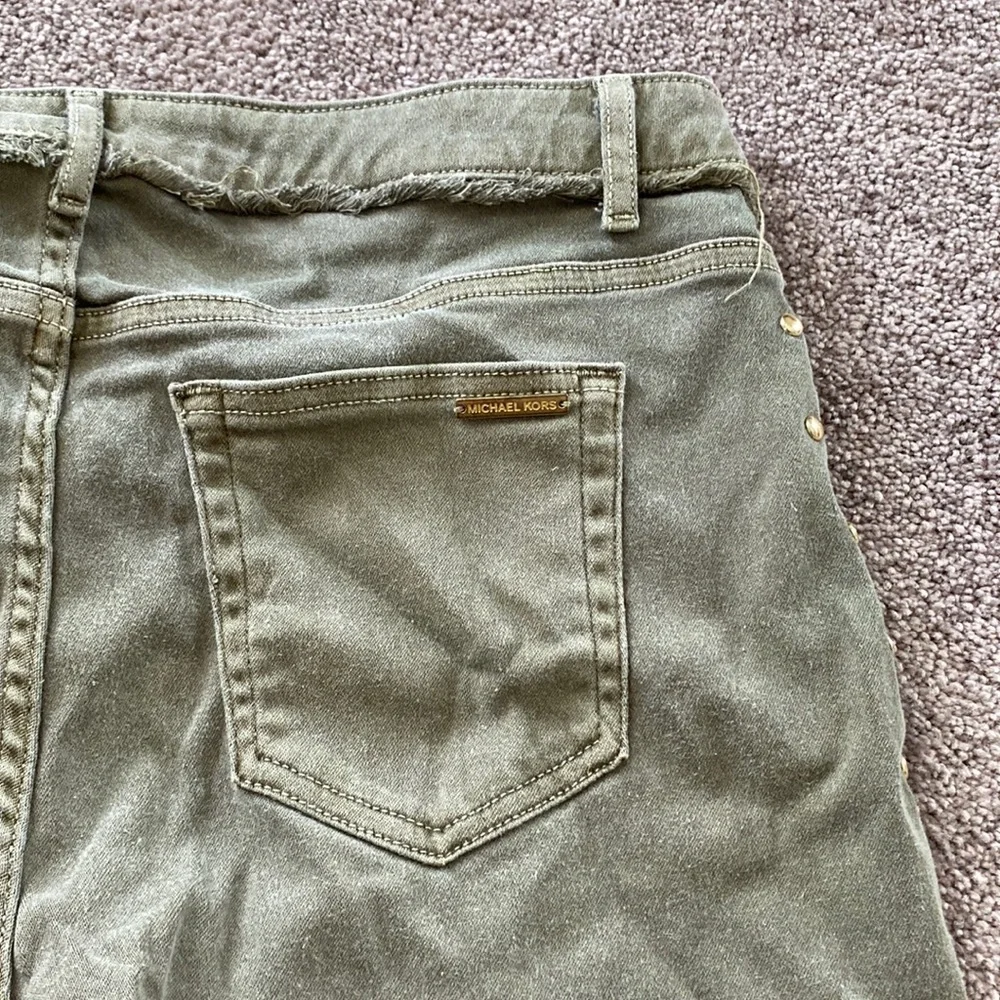 Michael Kors Olive Green Studded Denim Shorts Distressed Raw Hem SIZE 10